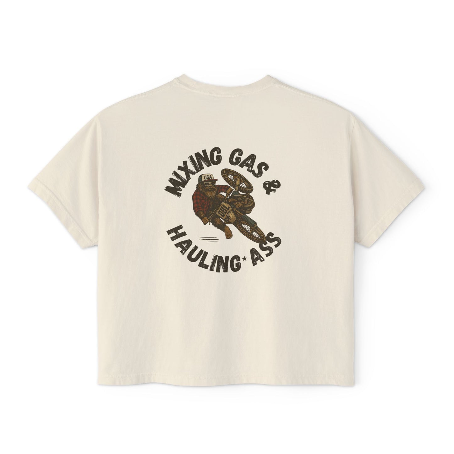 Dirty Boys Lifestyle “Mixing Gas & Hauling Ass” Women’s Crop Tee | Boxy Moto Graphic Shirt