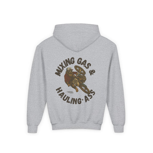 Dirty Boys Lifestyle “Mixing Gas & Hauling Ass” Youth Hoodie | Kids Moto Graphic Sweatshirt
