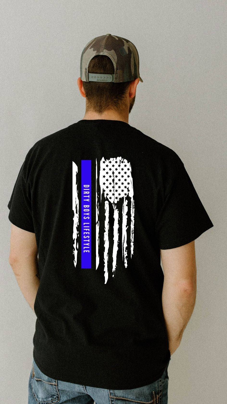 Dirty Boys Lifestyle “Blue Line Flag” Tee | Unisex Patriotic Police Support Shirt