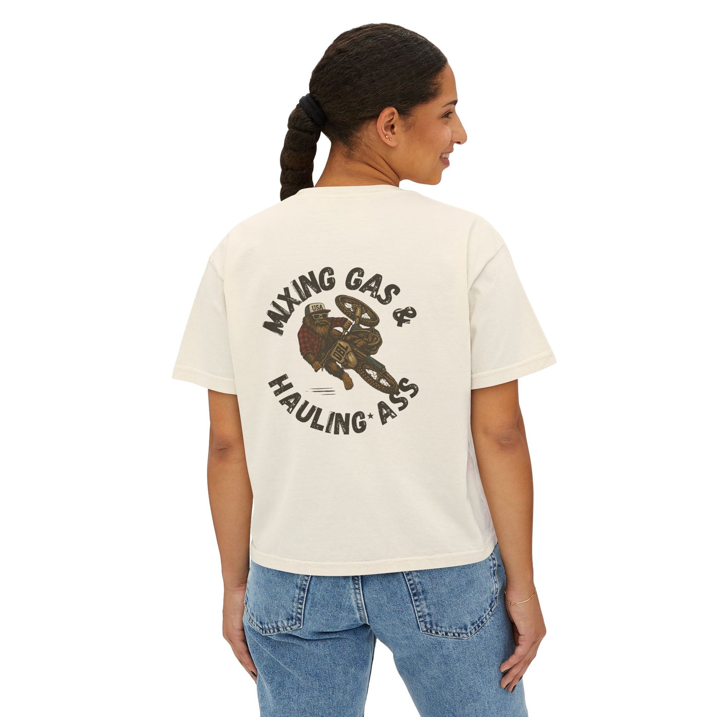 Dirty Boys Lifestyle “Mixing Gas & Hauling Ass” Women’s Crop Tee | Boxy Moto Graphic Shirt