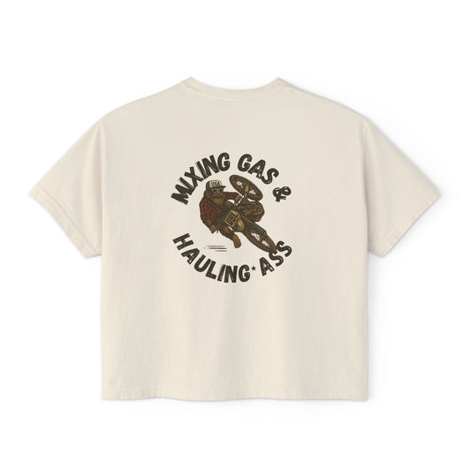 Dirty Boys Lifestyle “Mixing Gas & Hauling Ass” Women’s Crop Tee | Boxy Moto Graphic Shirt